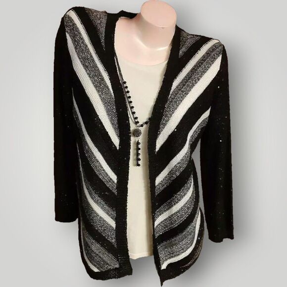 Alfred Dunner Women's S Embellish Black White Two-fer 3/4 Sleeve Sweater - Picture 1 of 15